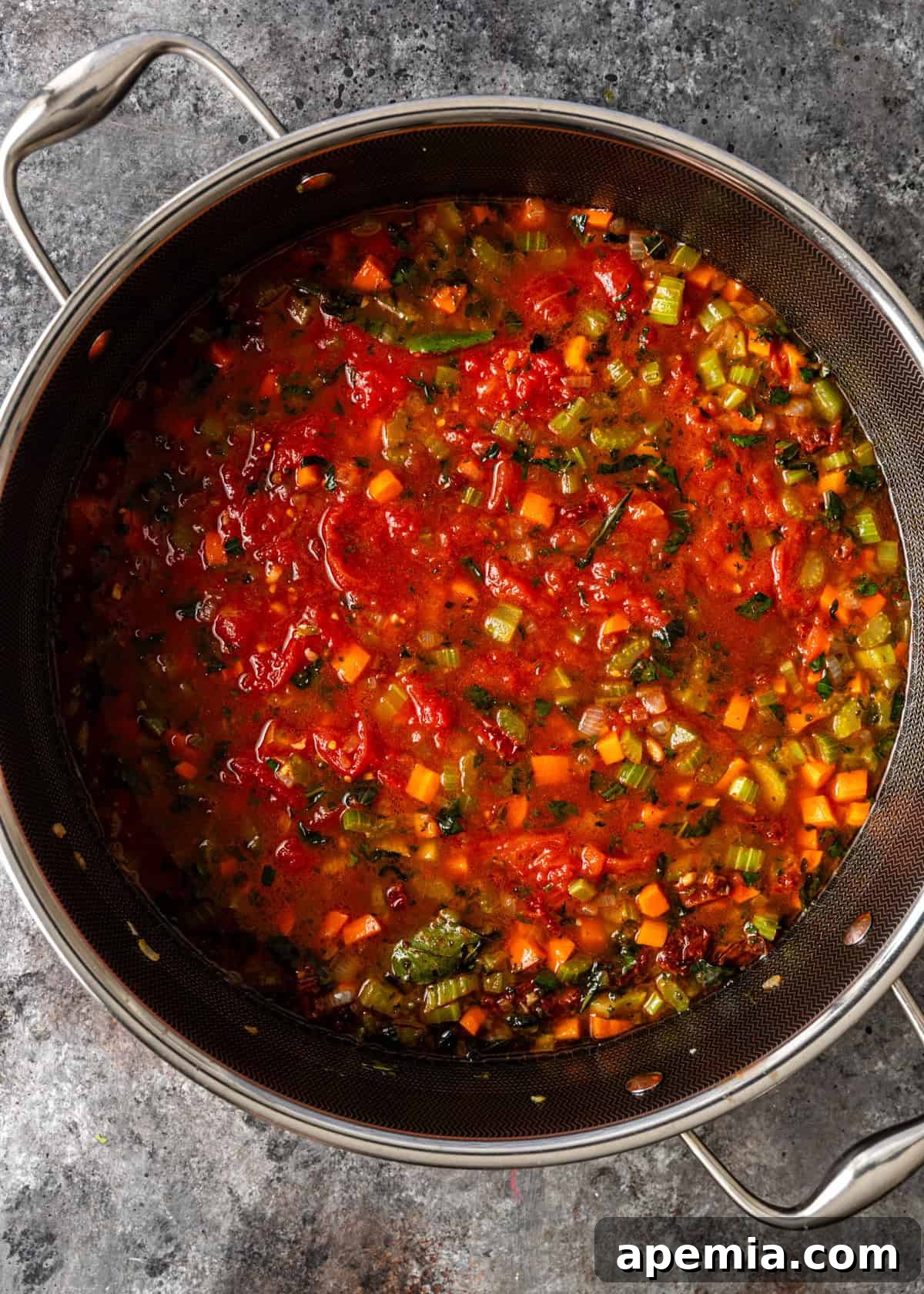 overhead process shot: large deep skillet on countertop with celery, onion, carrot, bay leaves, garlic, parsley, basil, sun-dried tomatoes, tomato paste, salt red pepper flakes, crushed plum tomatoes, wine, vegetable stock simmering
