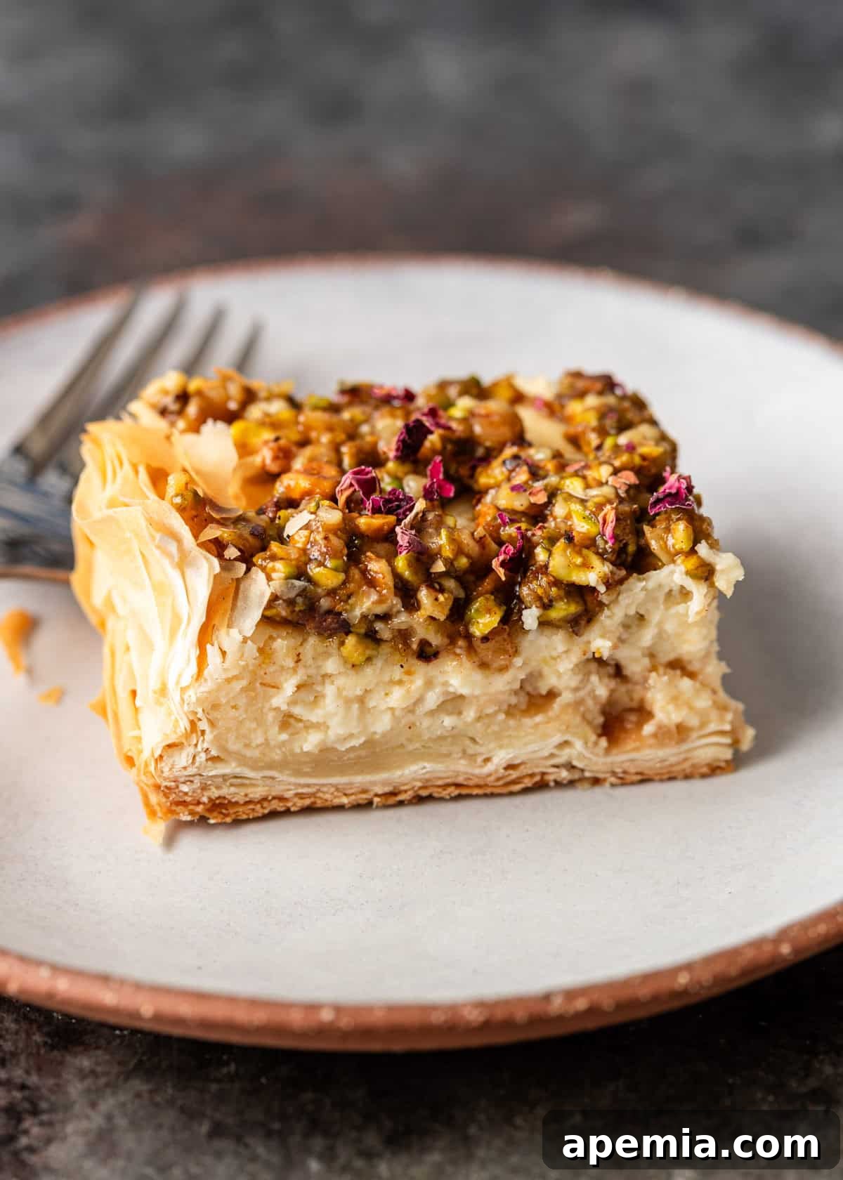 closeup side view: one slice of the Baklava Cheesecake sitting on white plate with fork off to side