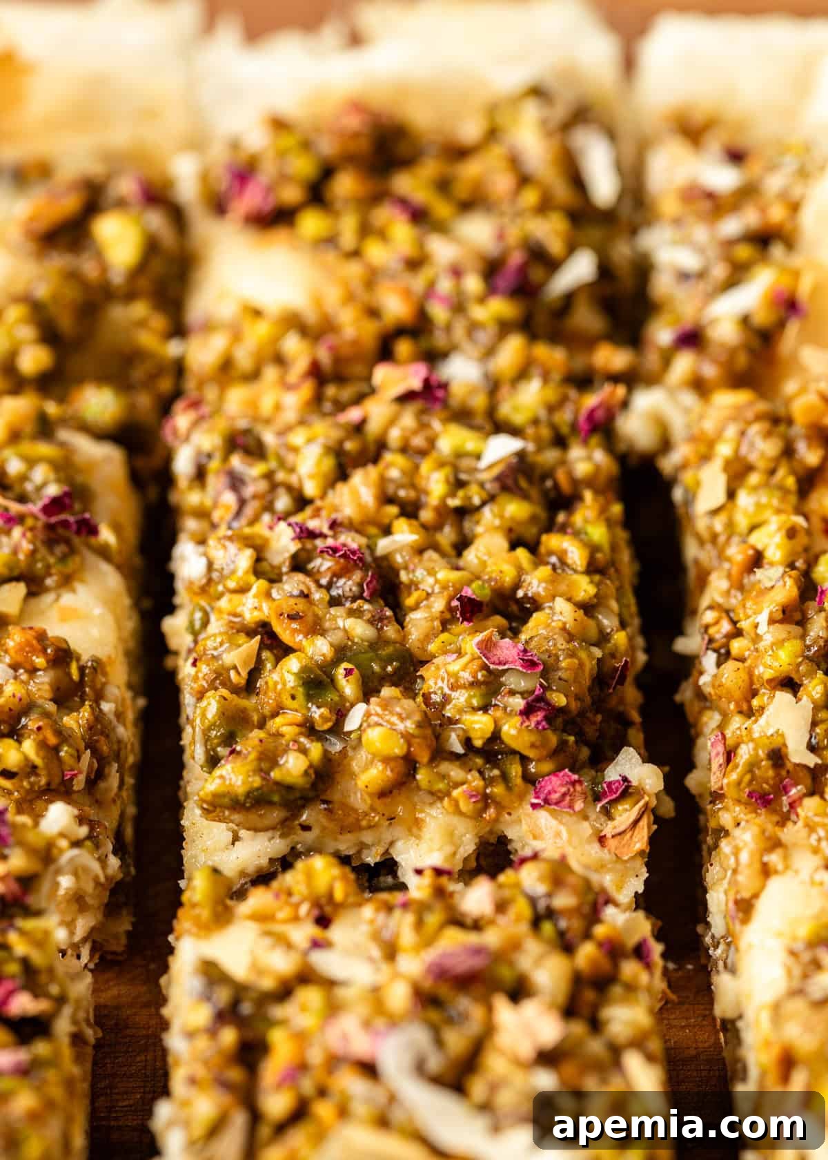 closeup: baklava cheesecake bars sliced on cutting board