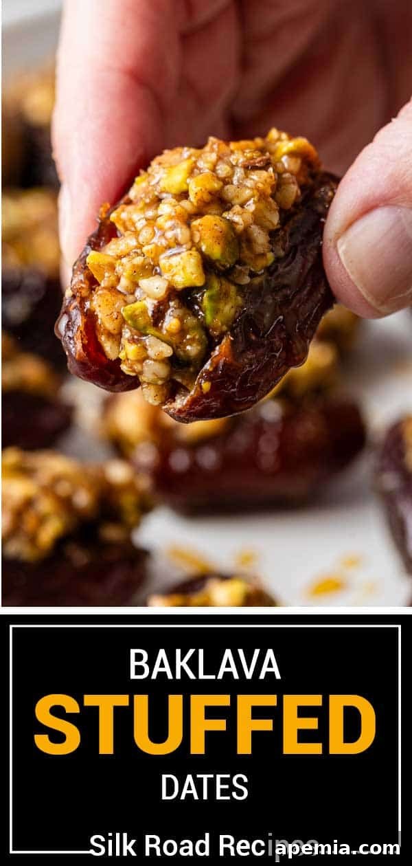 Large image showcasing a titled presentation of Baklava Stuffed Dates, highlighting their gourmet appeal.