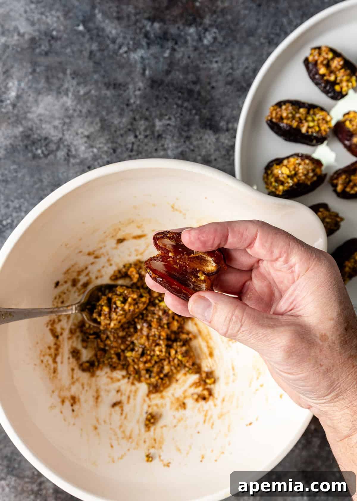 Overhead process shot: a hand carefully holding an opened Medjool date over a mixing bowl, in the process of stuffing it with the baklava nut mixture.