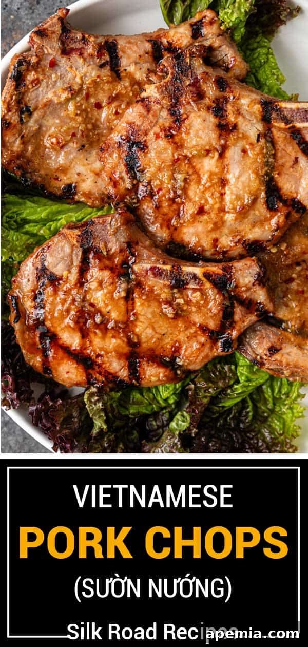 Titled image showing a full platter of Vietnamese Pork Chops (Sườn Nướng) ready to serve.