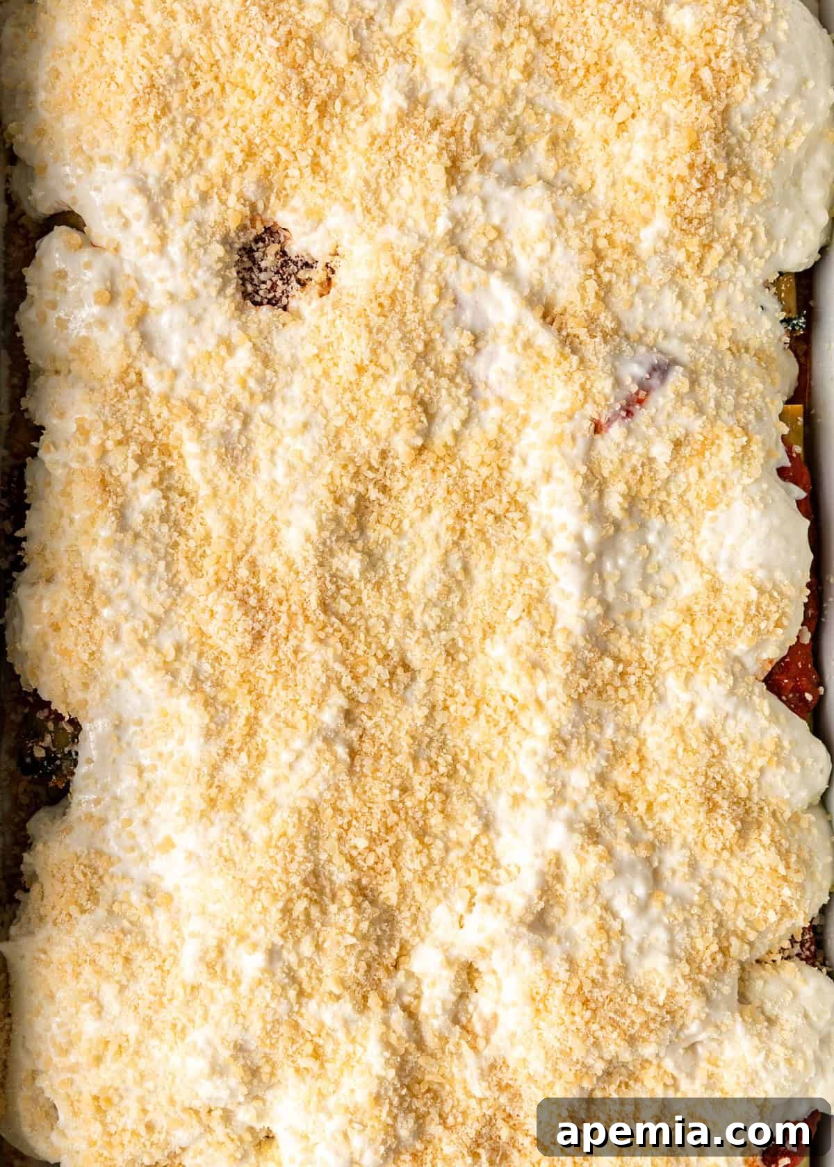 overhead process shot: cannelloni shell with the prepared meat filling on sheet pan with tomato sauce and bechamel sauce on top
