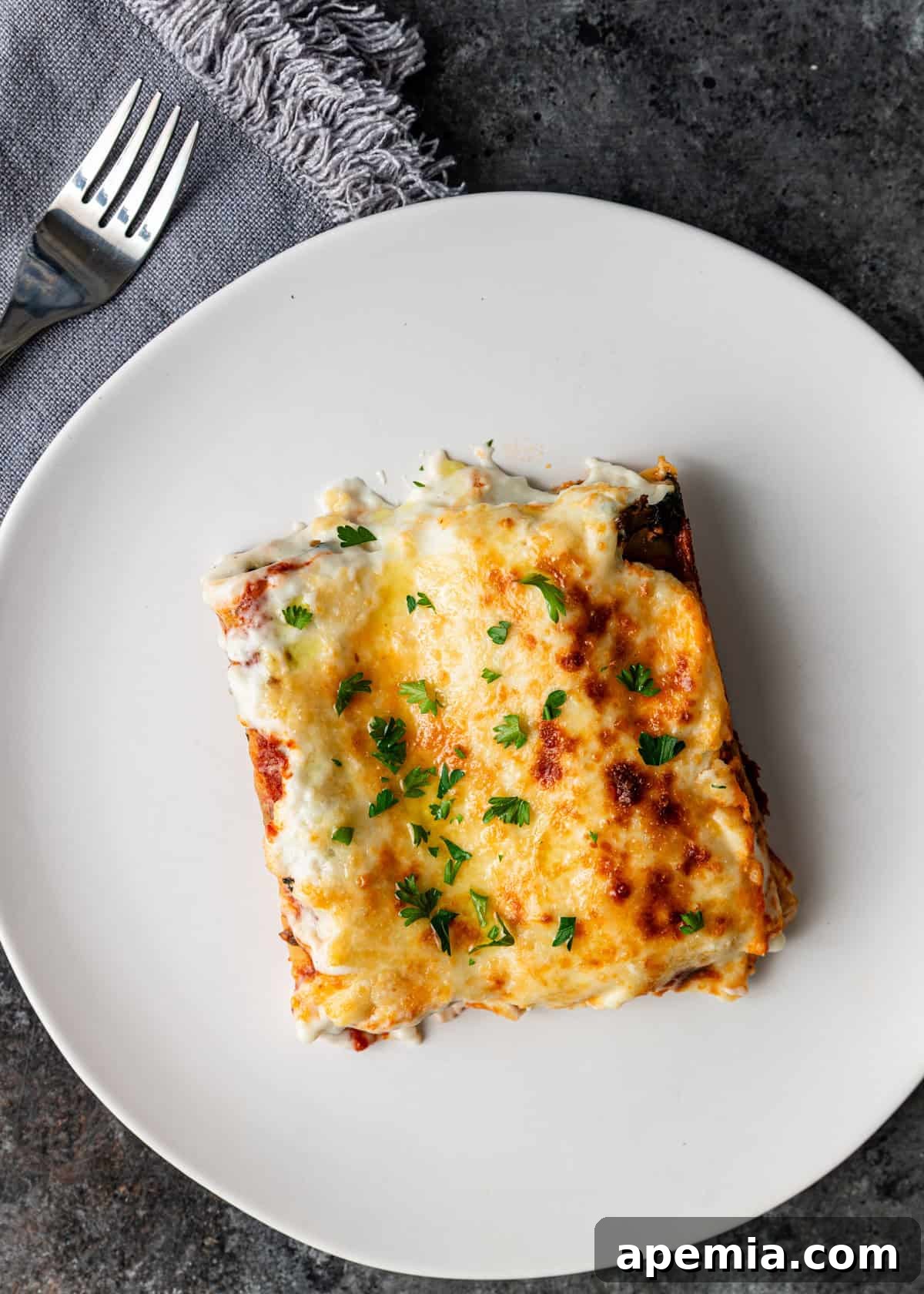 overhead: slice of beef cannelloni on white plate
