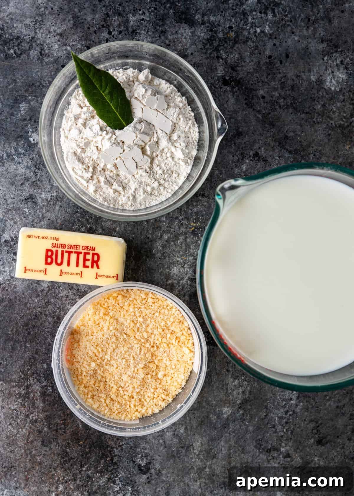 overhead process shot: ingredients to make Bechamel