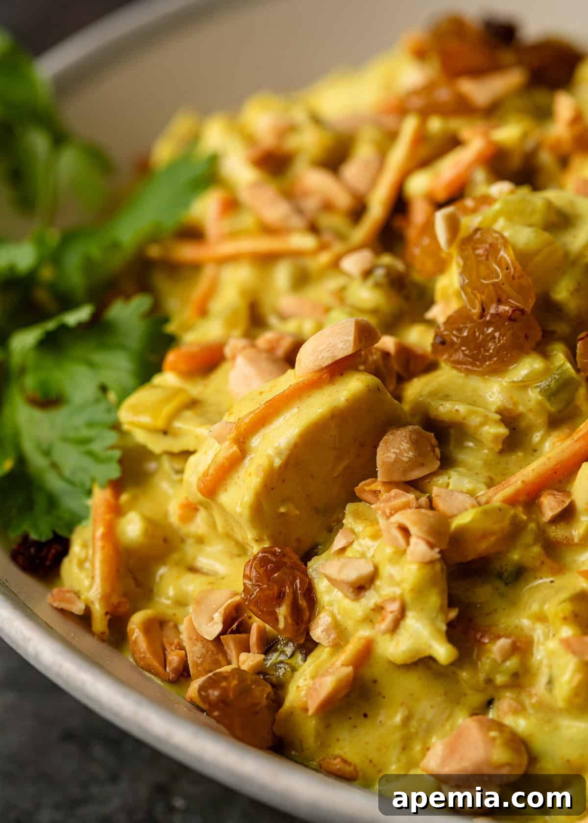 Closeup side view of a serving of chicken peanut curry on a white plate with a spoon, highlighting its inviting texture and warmth on a kitchen counter.