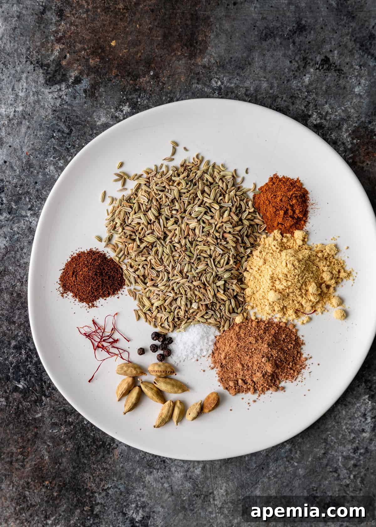 overhead: ingredients on white plate for chai recipe