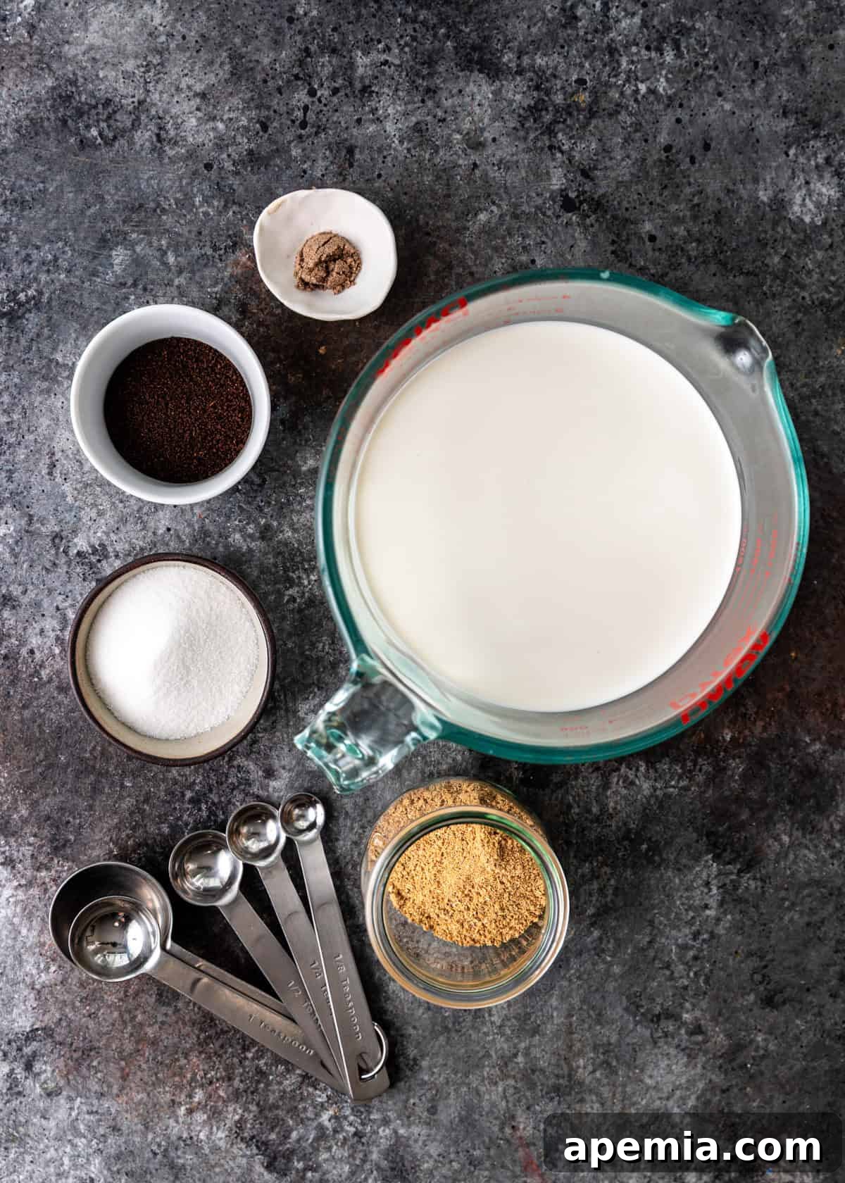 overhead process shot: ingredients to make masala chai latte
