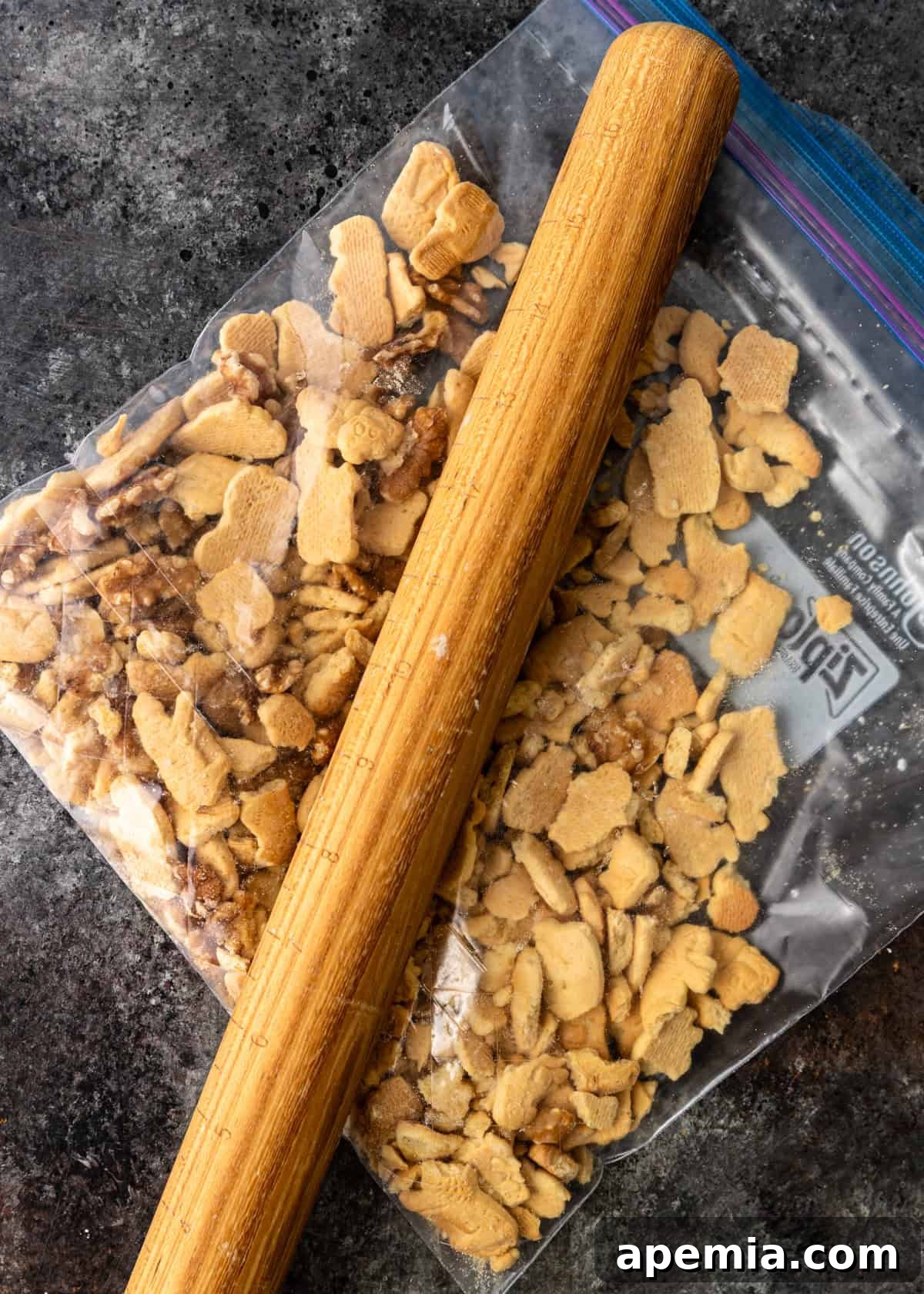 overhead process shot: titled image (and shown) crush cookies and walnuts