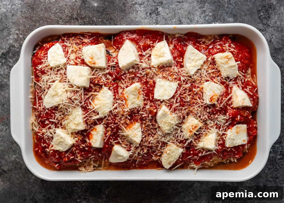 overhead: assembled parmigiana ready to go in the oven