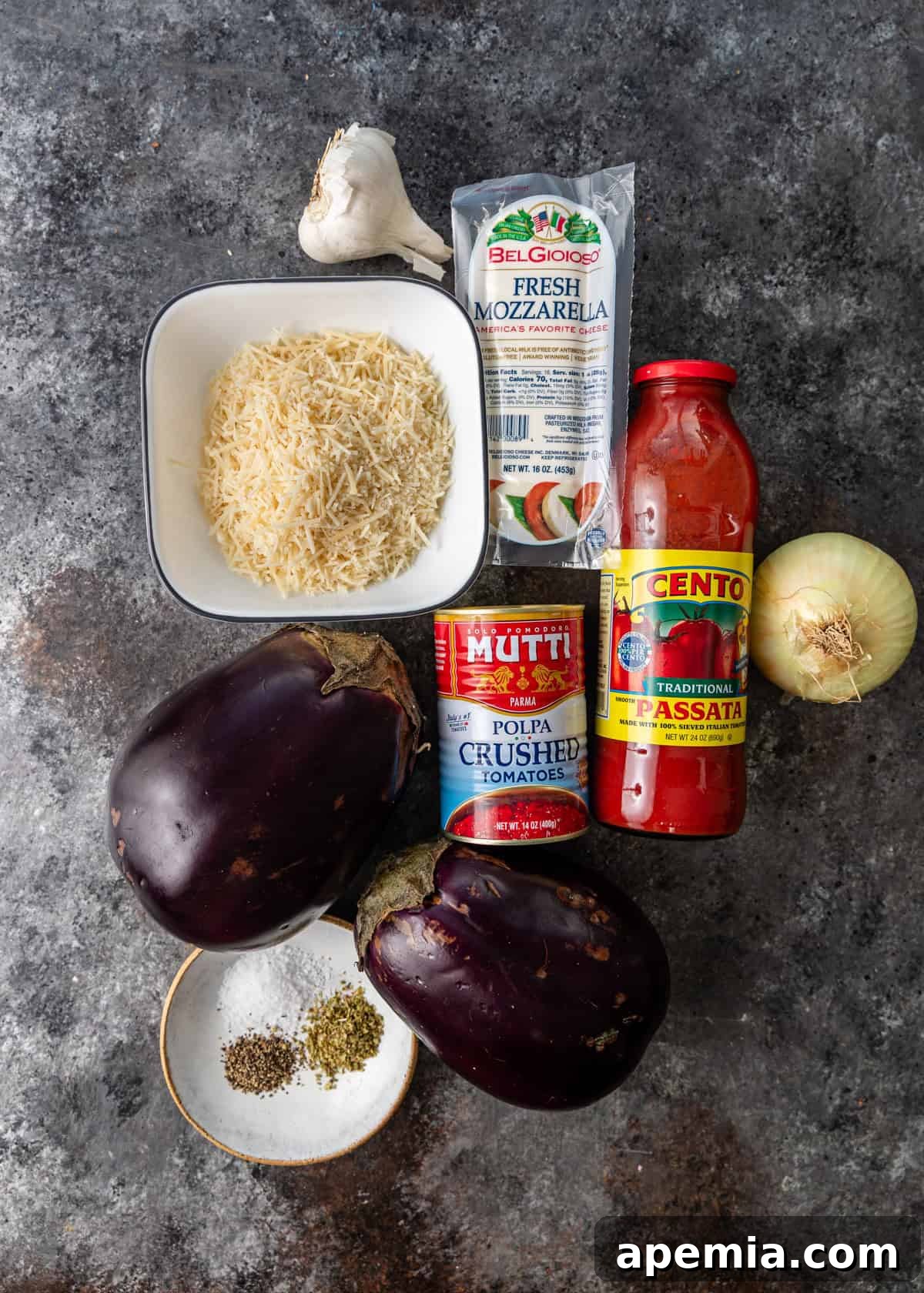 overhead: ingredients to make the eggplant parmigiana recipe