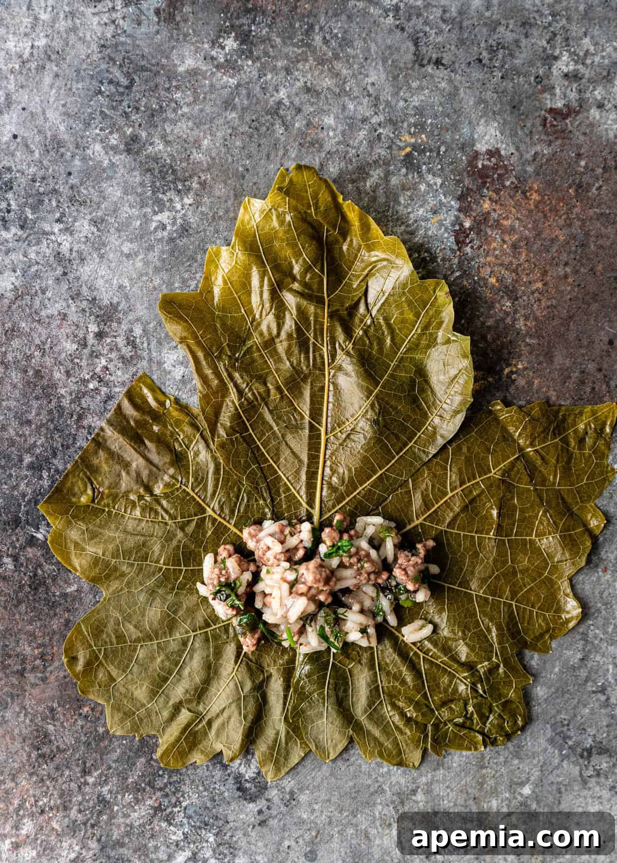 overhead process shot: spoonful of filling on leaf, vein side up, on a clean surface