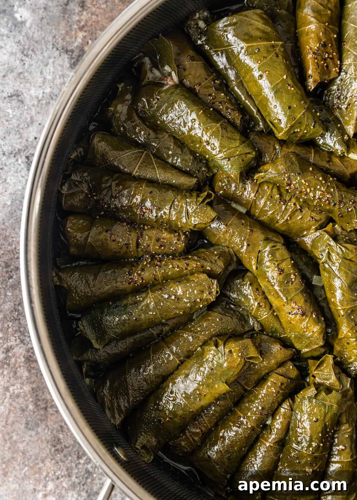 closeup overhead: ready to serve stuffed grape leaves in pot