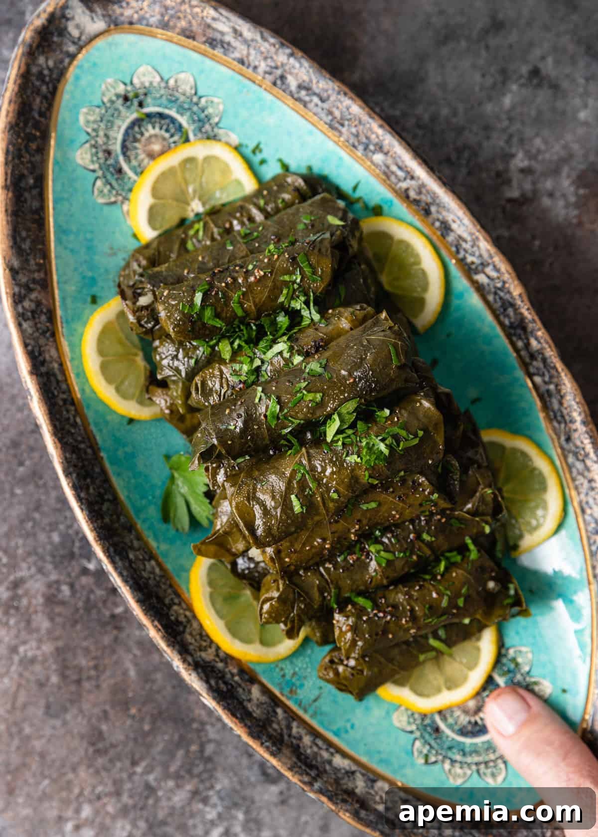 overhead: stack of dolmas on serving dish