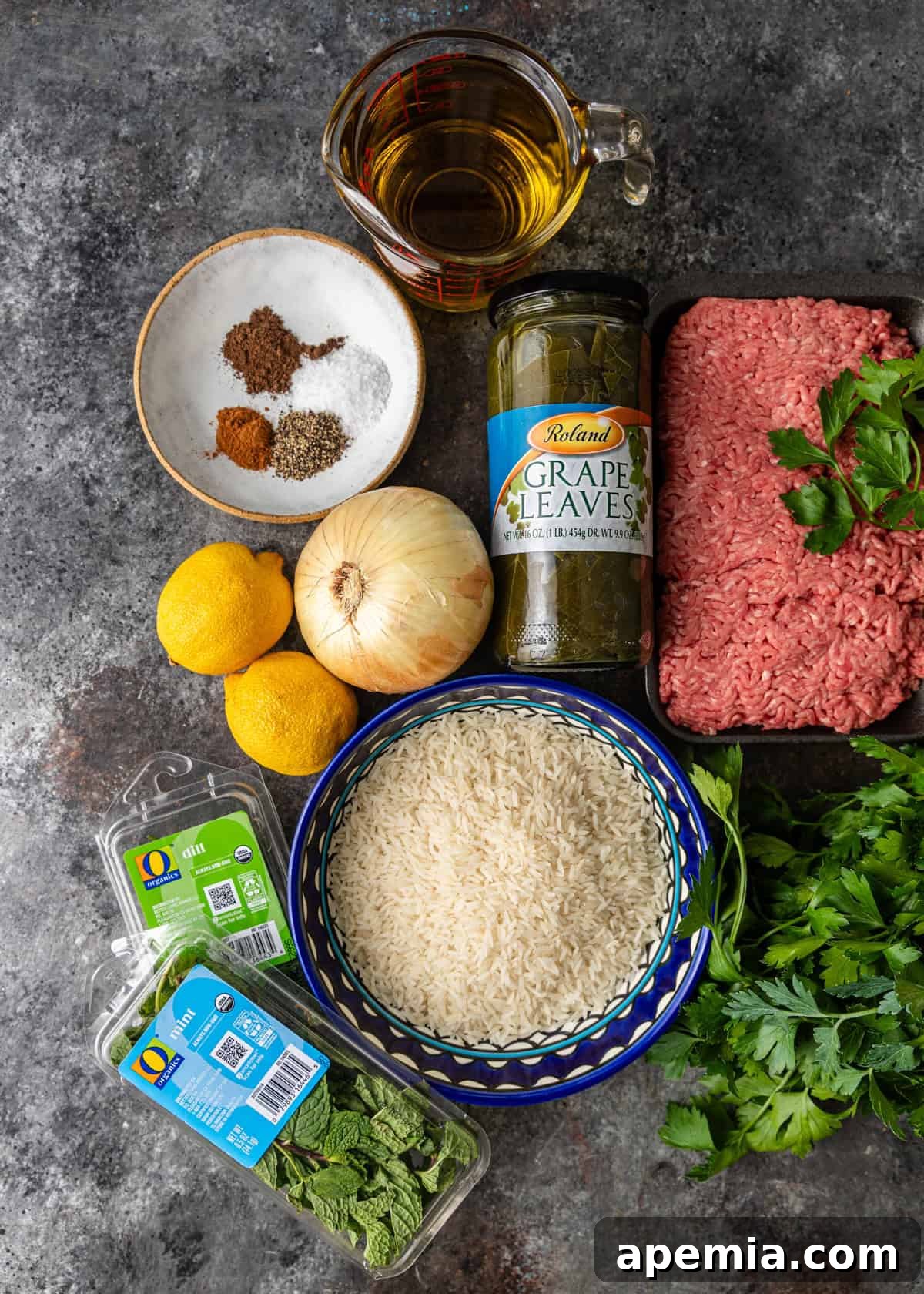 overhead: ingredients to make stuffed grape leaves