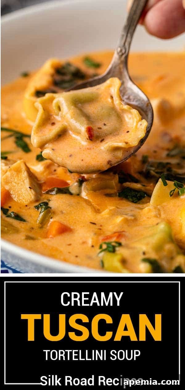 Beautifully presented bowl of creamy Tuscan tortellini soup, titled for visual appeal.