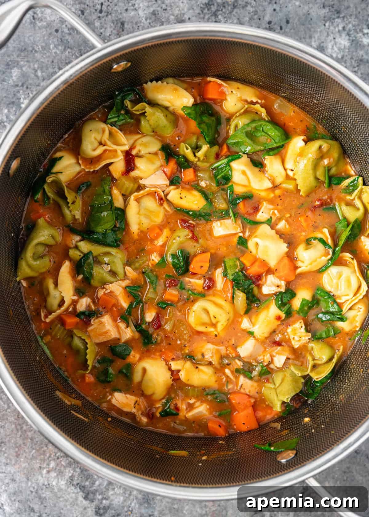 Overhead shot of a large stockpot filled with simmering chicken tortellini soup, steam gently rising.
