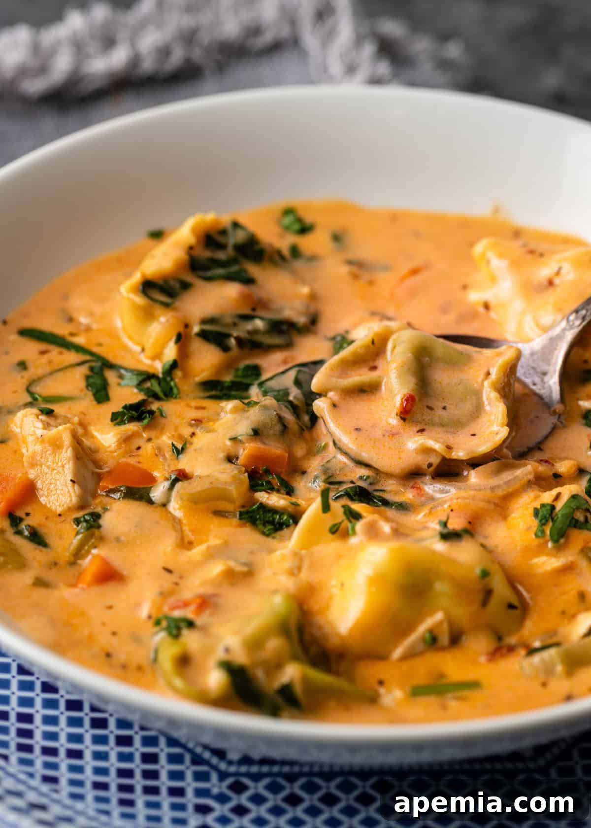 Close-up side view of a spoon immersed in a white bowl of creamy chicken tortellini soup, showing the depth and richness of the dish.