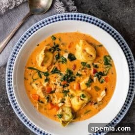 Delicious Creamy Tuscan Tortellini Soup, ready to be served.