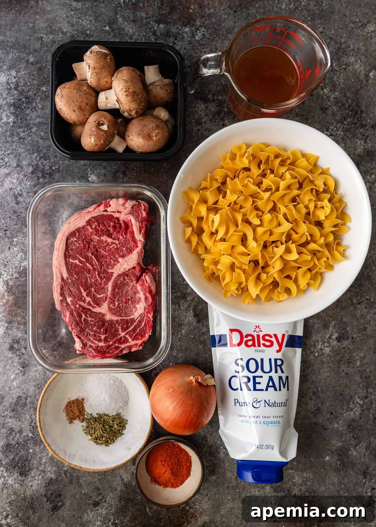 overhead: ingredients to make the beef stroganoff recipe