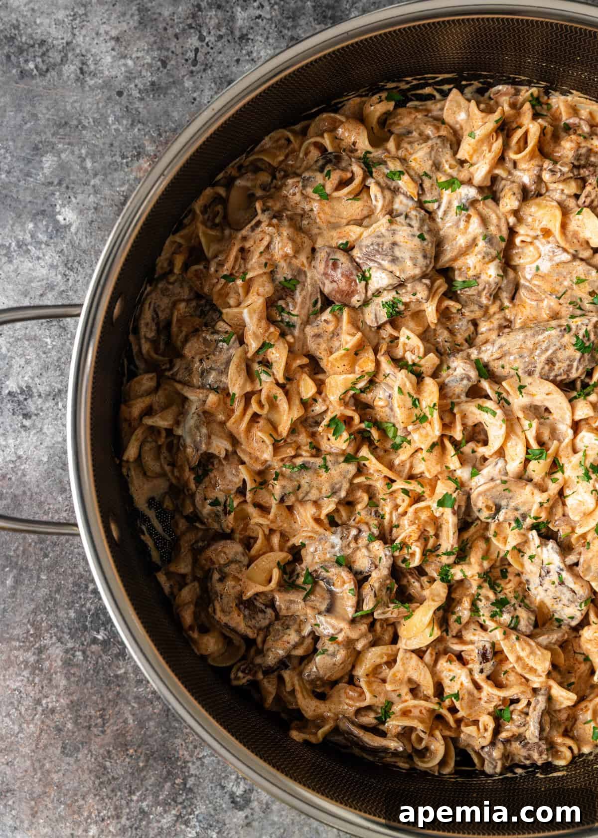 overhead: ready to serve beef stroganoff in pot