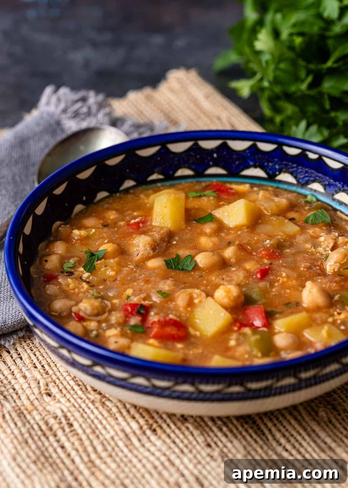 closeup side view: Spanish chickpea stew in white and blue bowl with spoon off to side