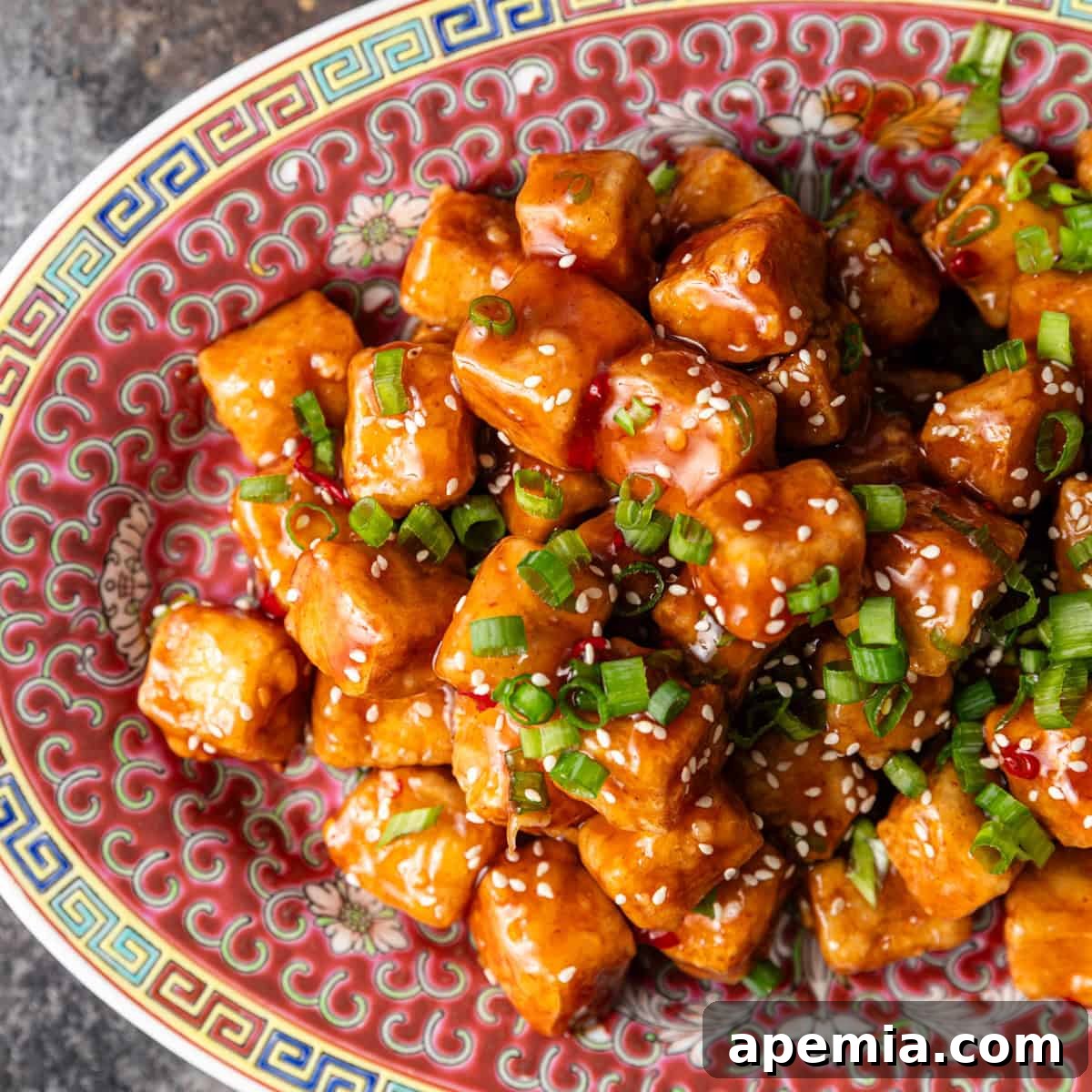 closeup overhead: colorful platter of tofu stir fry