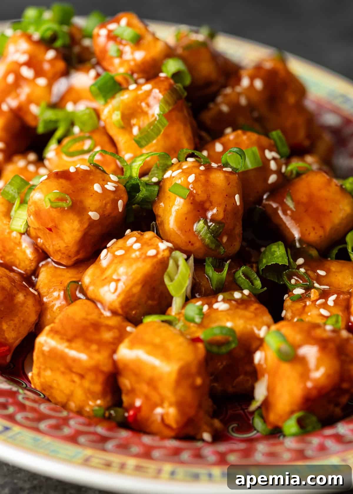 closeup: tofu stir fry on platter with green onions on top