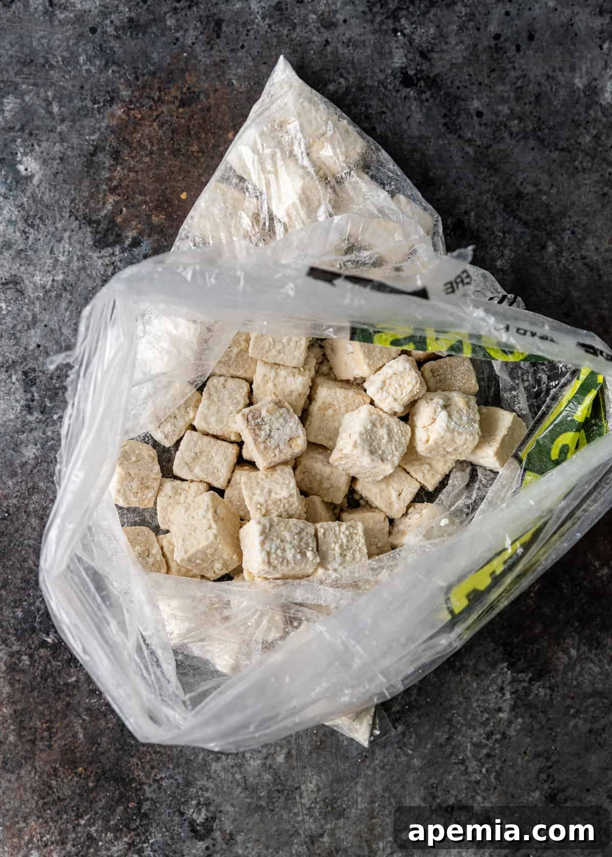 overhead process shot: bag of tofu stir fry
