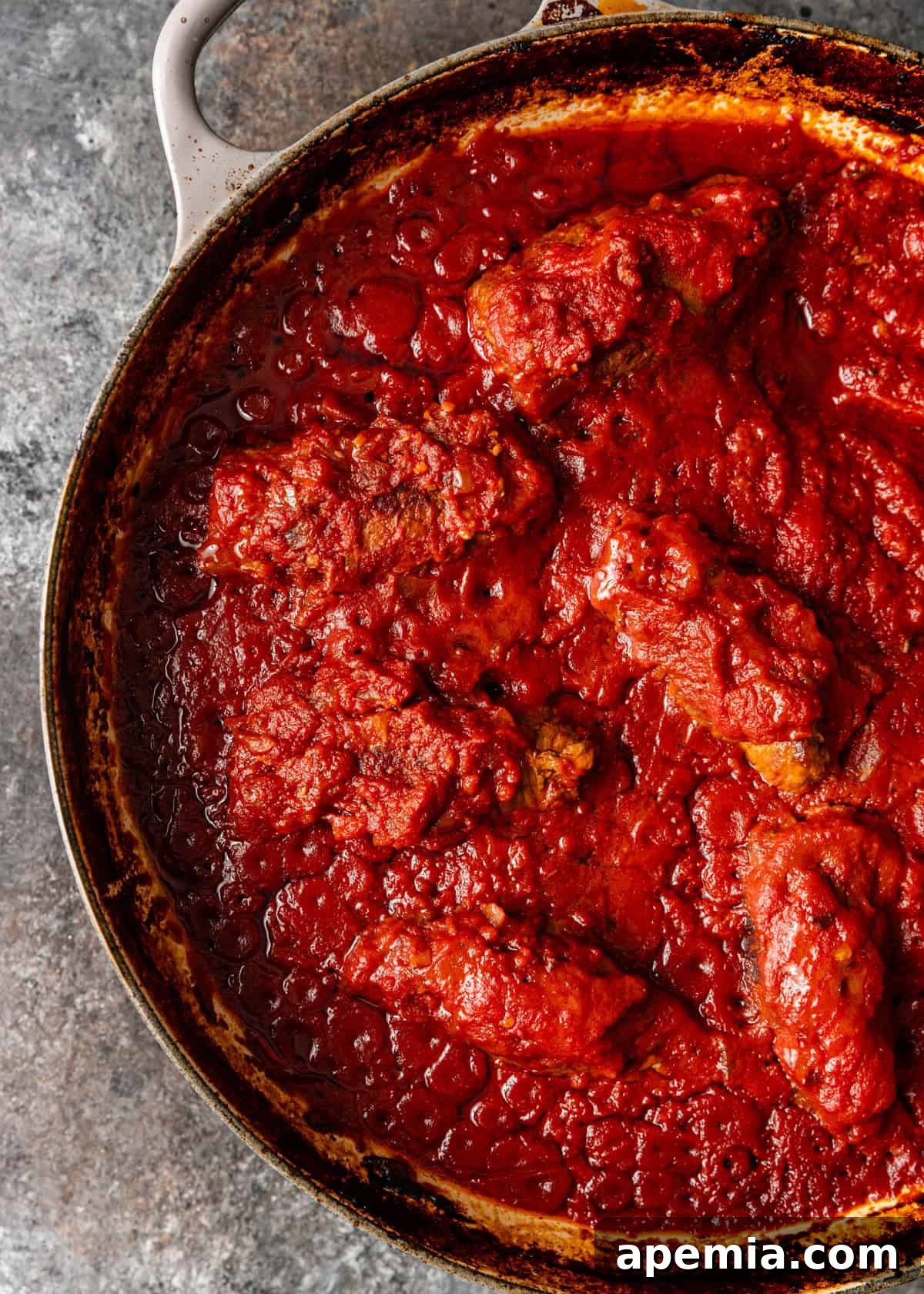 closeup overhead: ready to serve braciole in skillet pan