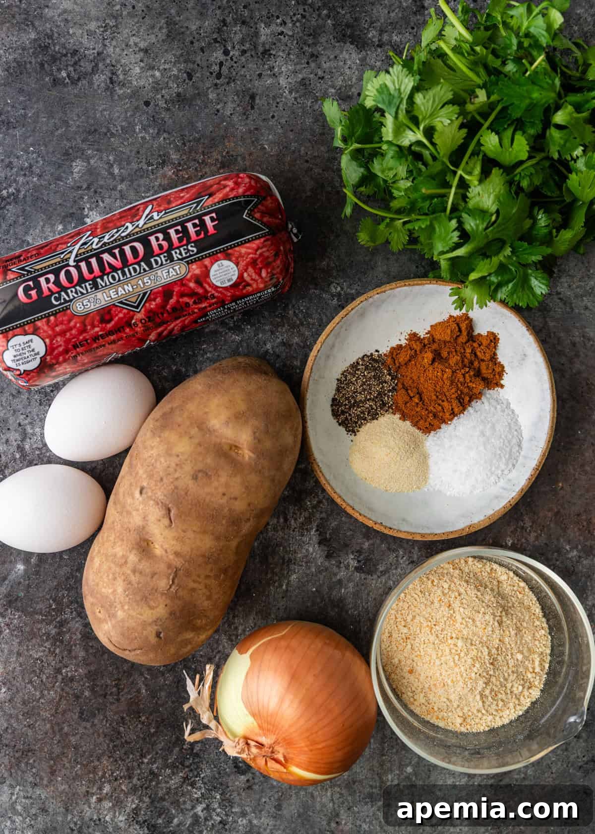 closeup overhead: ingredients to make the kotlet recipe