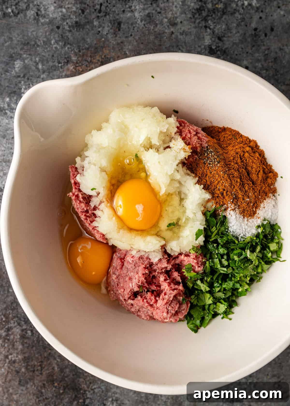 overhead process shot: all ingredients in mixing bowl