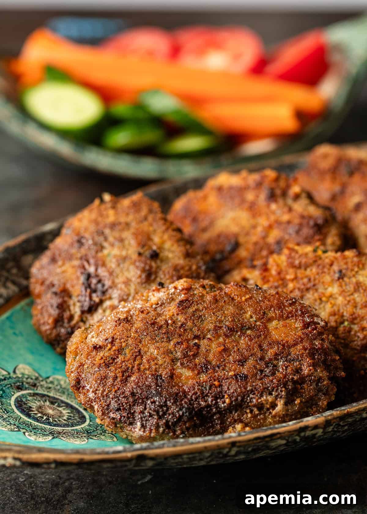 closeup side view: ready to eat beef and potato cakes on colorful serving dish