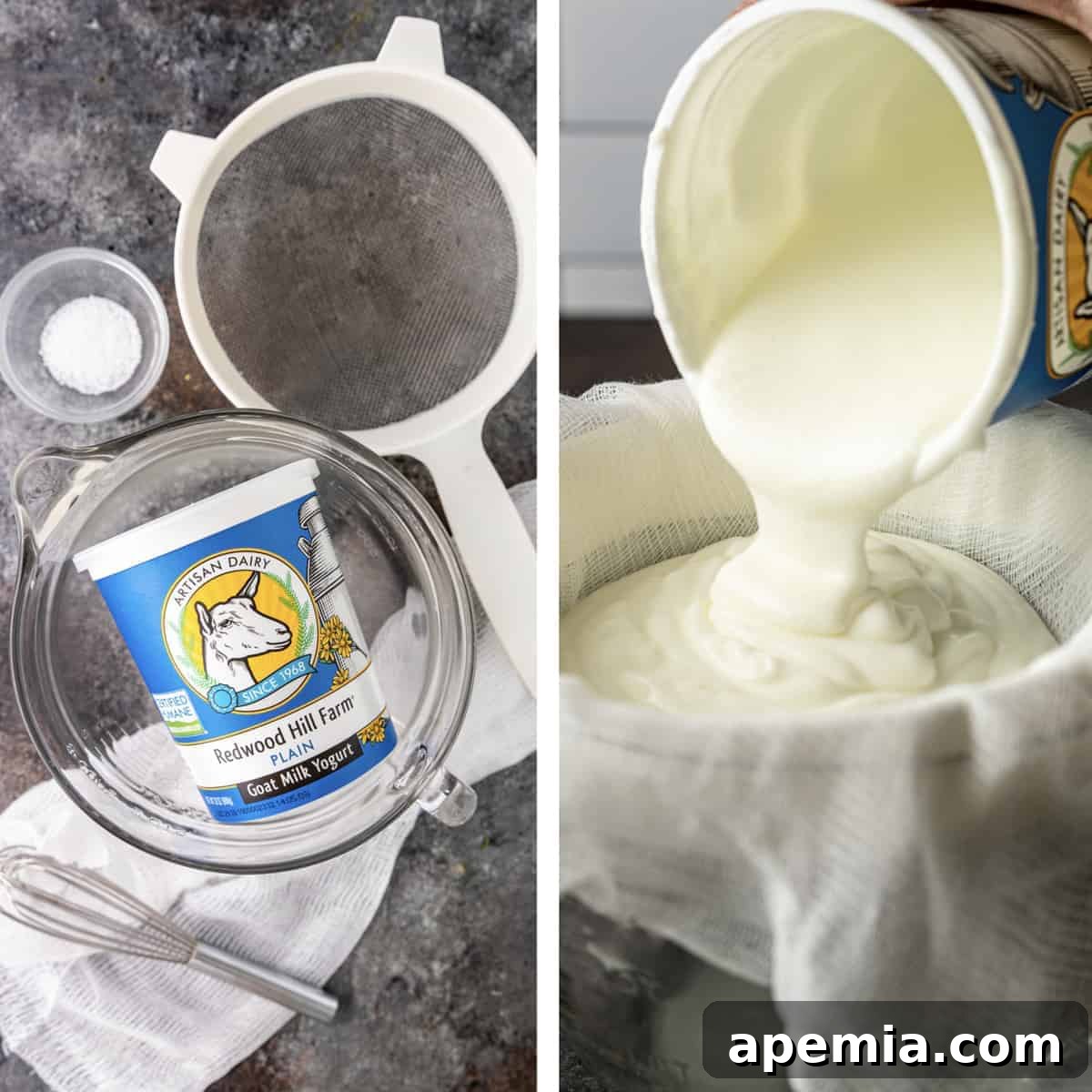 Side-by-side photo collage illustrating the process of pouring goat milk yogurt into cheesecloth set in a sieve