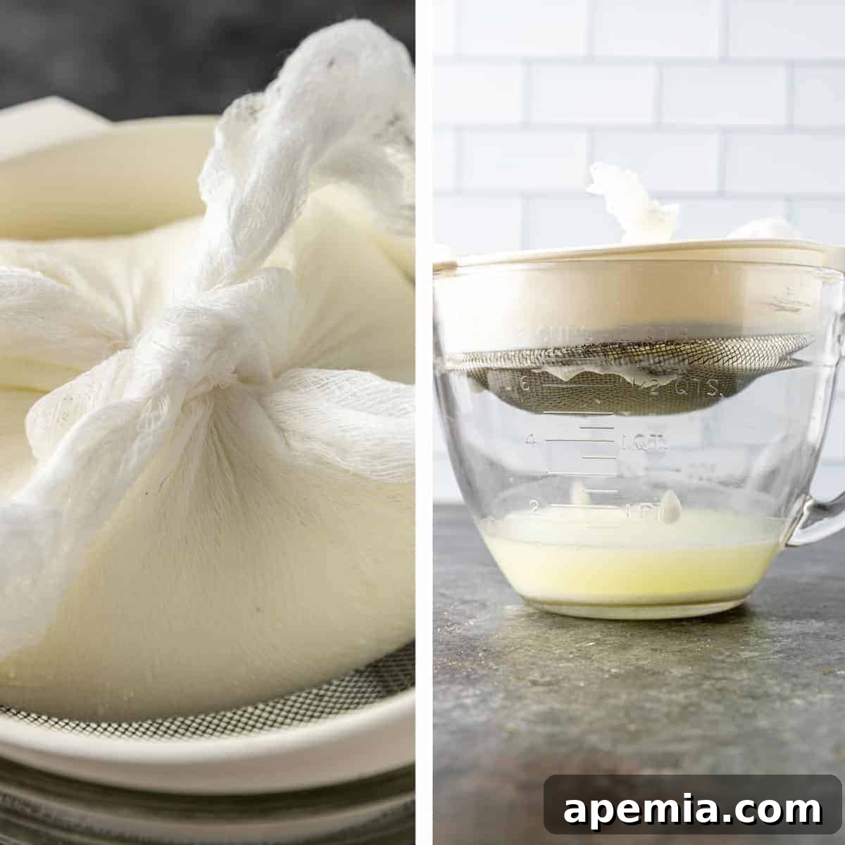 Side-by-side photo collage depicting the straining of Greek yogurt through cheesecloth and a mesh sieve over a glass bowl