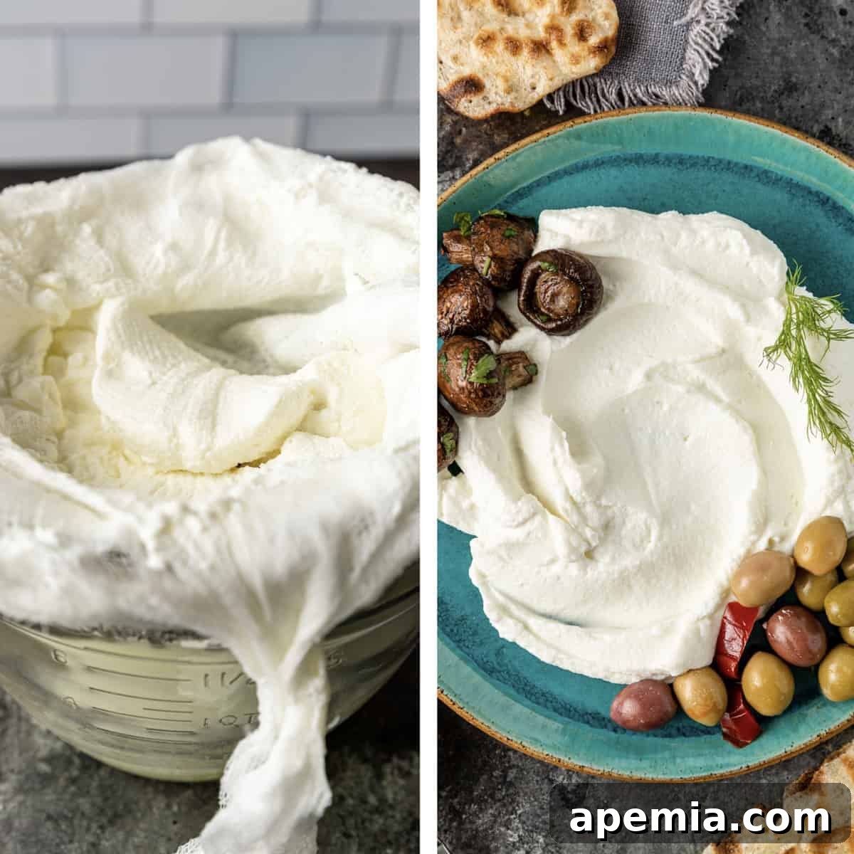 Side-by-side photo collage demonstrating how to make yogurt cheese by straining it through cheesecloth