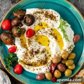 Homemade labneh in an aqua-colored dish, topped with olive oil and marinated vegetables