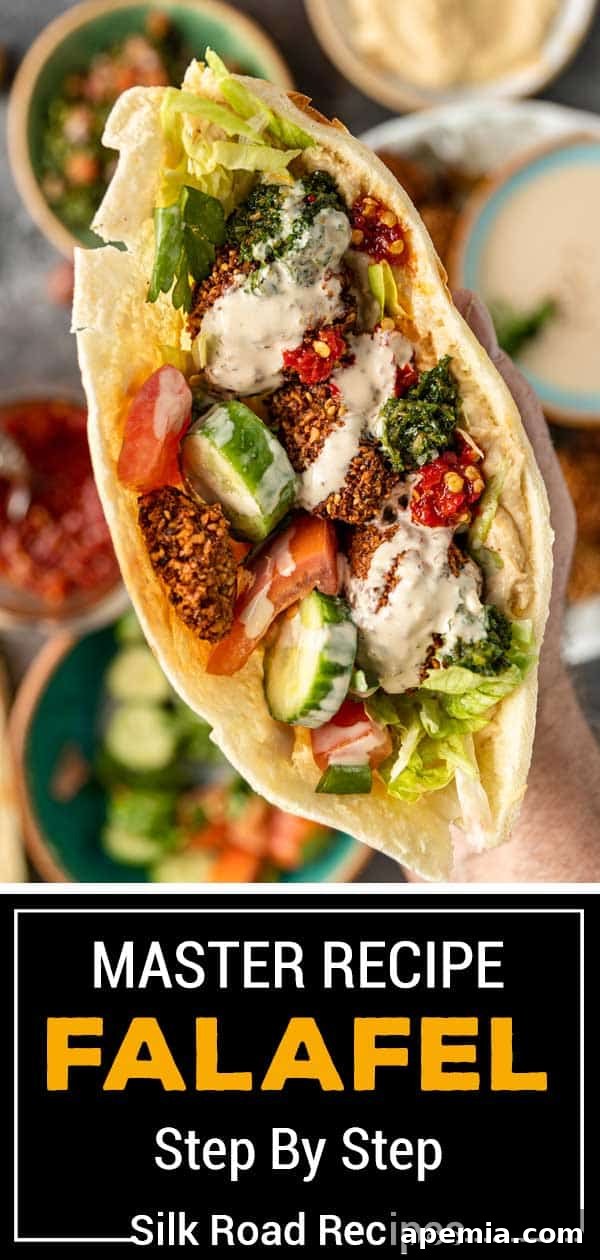 pan fried falafel in a pita with cucumber, tomatoes, and lettuce