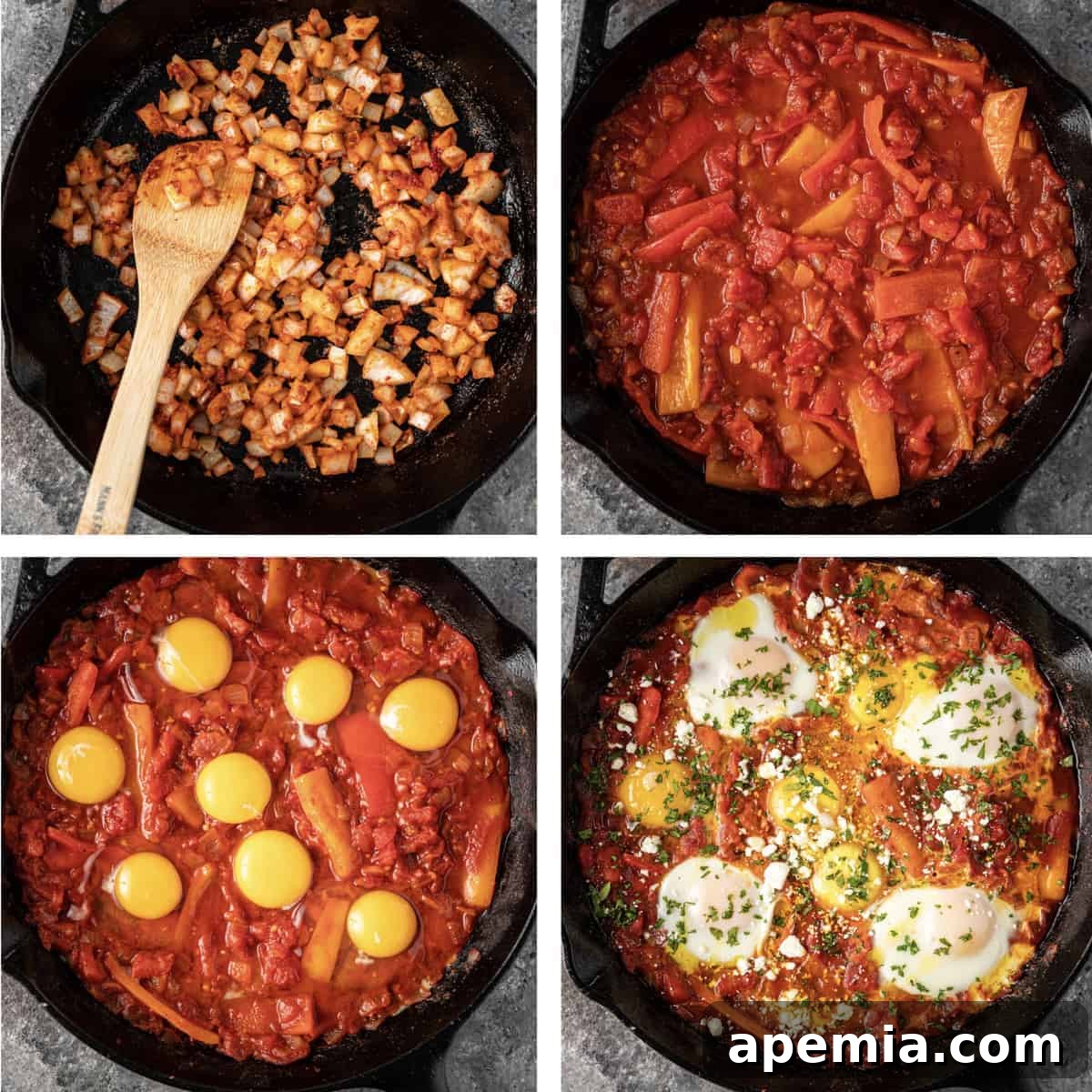 4-photo collage shows process of making shakshuka in tomato sauce