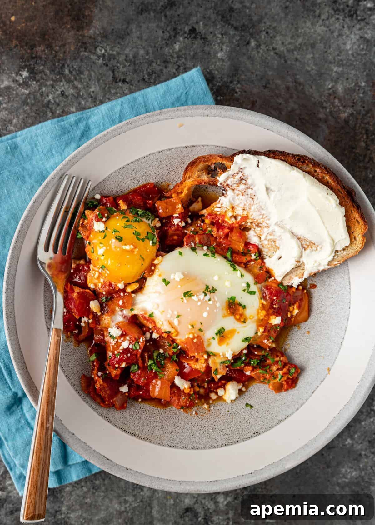 overhead image: plated dish of Moroccan shakshuka