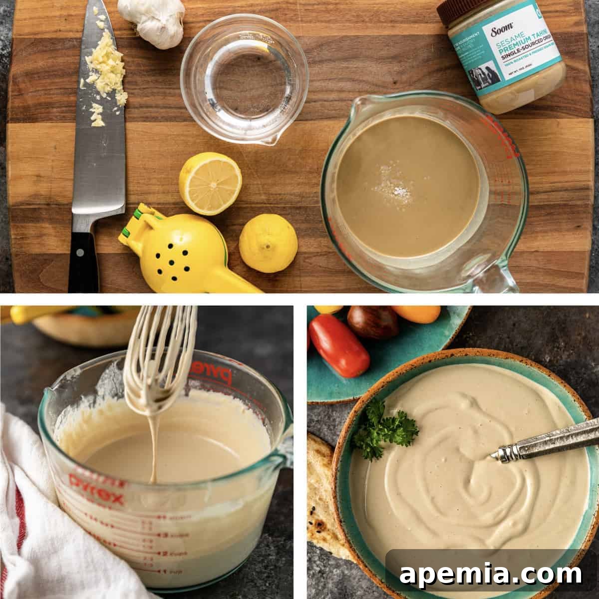 photo collage shows ingredients and steps for making homemade tahini sauce