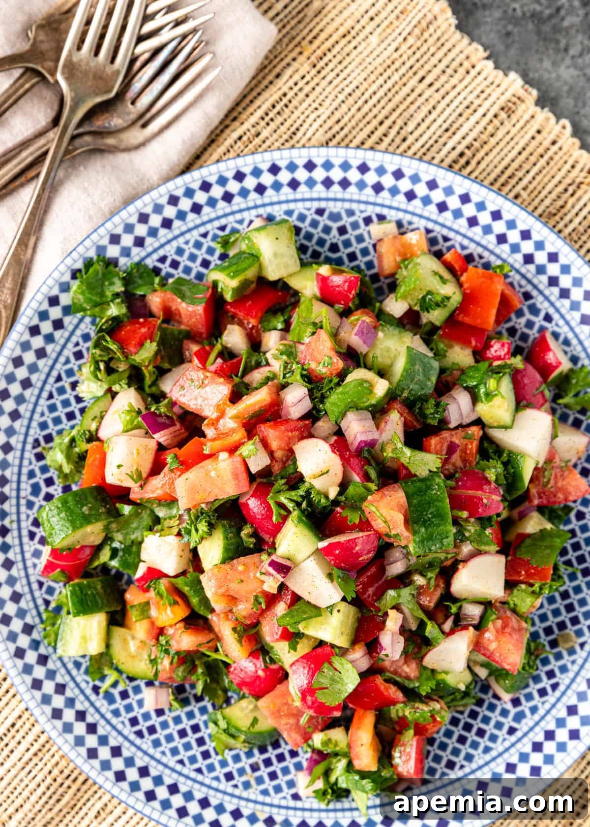 overhead: plate of chopped garden vegetables tossed in creamy lemon vinaigrette dressing