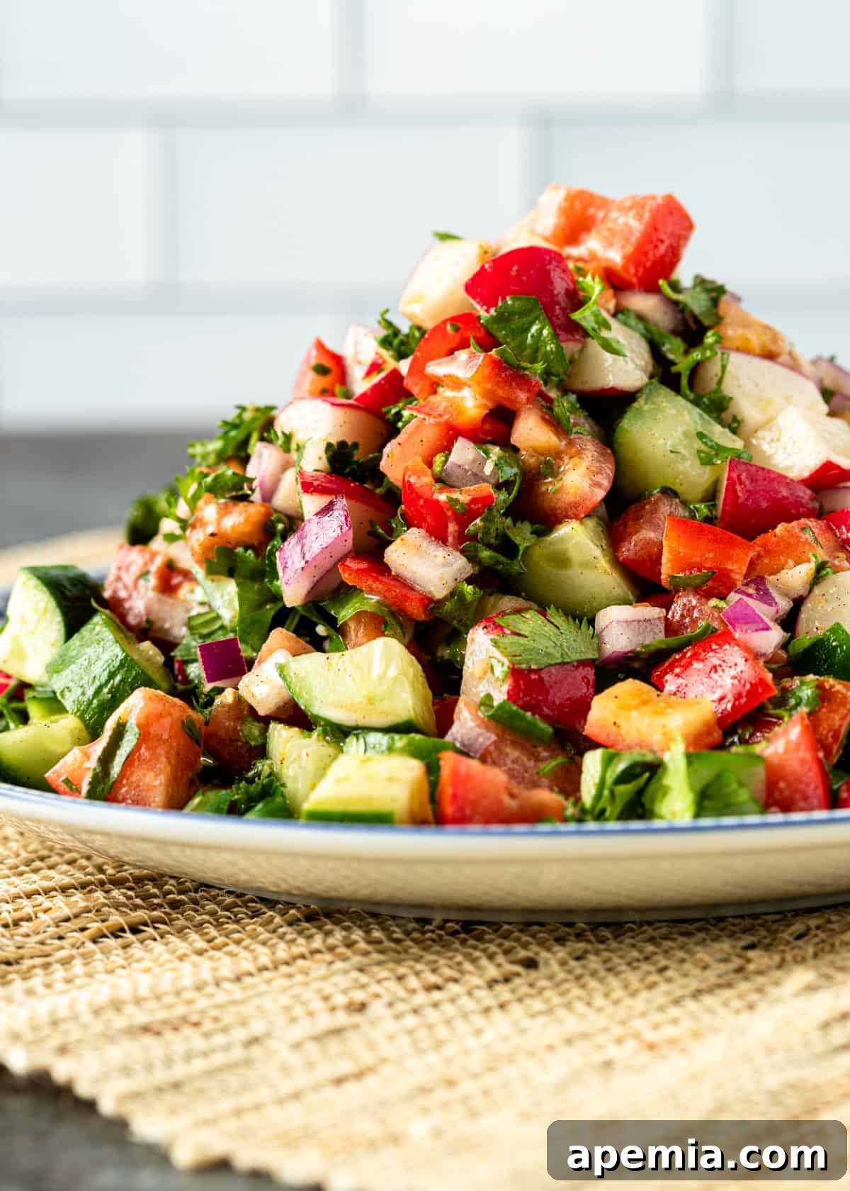 side view: diced tomatoes, cucumber and onion piled high on a plate