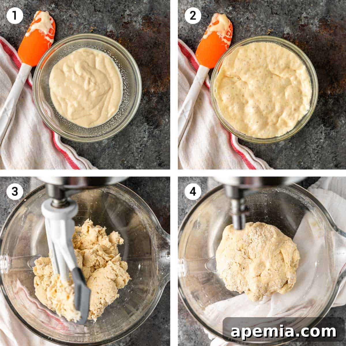 A four-photo collage demonstrating the stages of making lavash dough: mixing old dough, adding flour, kneading, and dough after first rise.