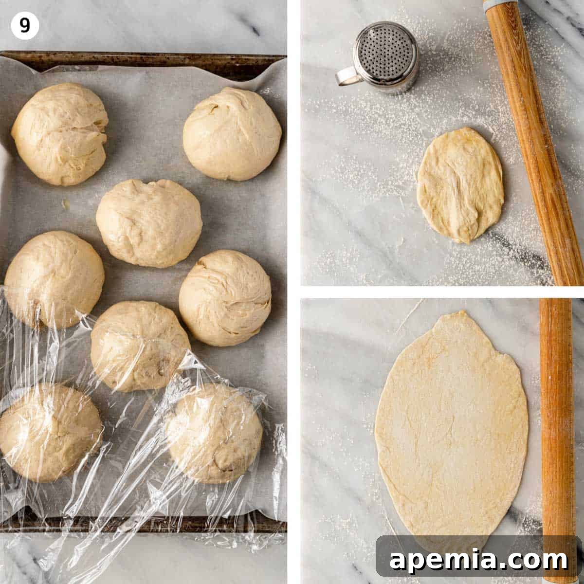 A three-photo collage showing dough balls rising, then being rolled flat, and finally cooked on a griddle with characteristic blisters.