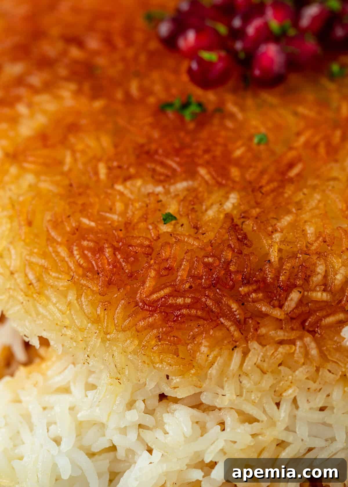 close up image of crispy golden brown grains of rice cooked onto a fluffy rice layer beneath it