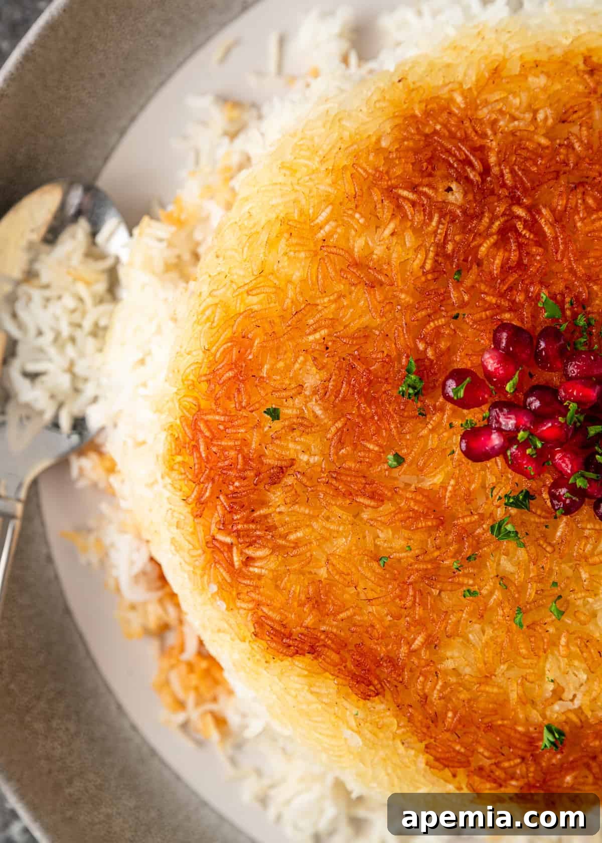 beautifully plated side dish of Persian rice tahdig