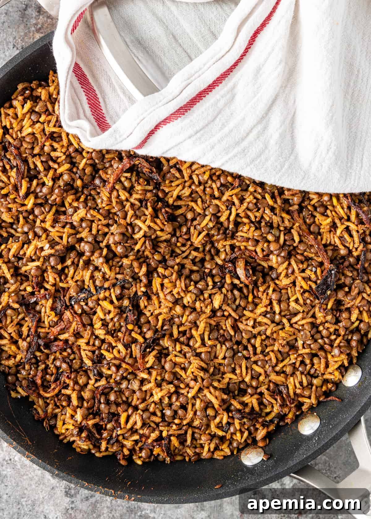 Overhead shot of mujadara gently cooking in a pan, showing grains of rice and lentils absorbing liquid.