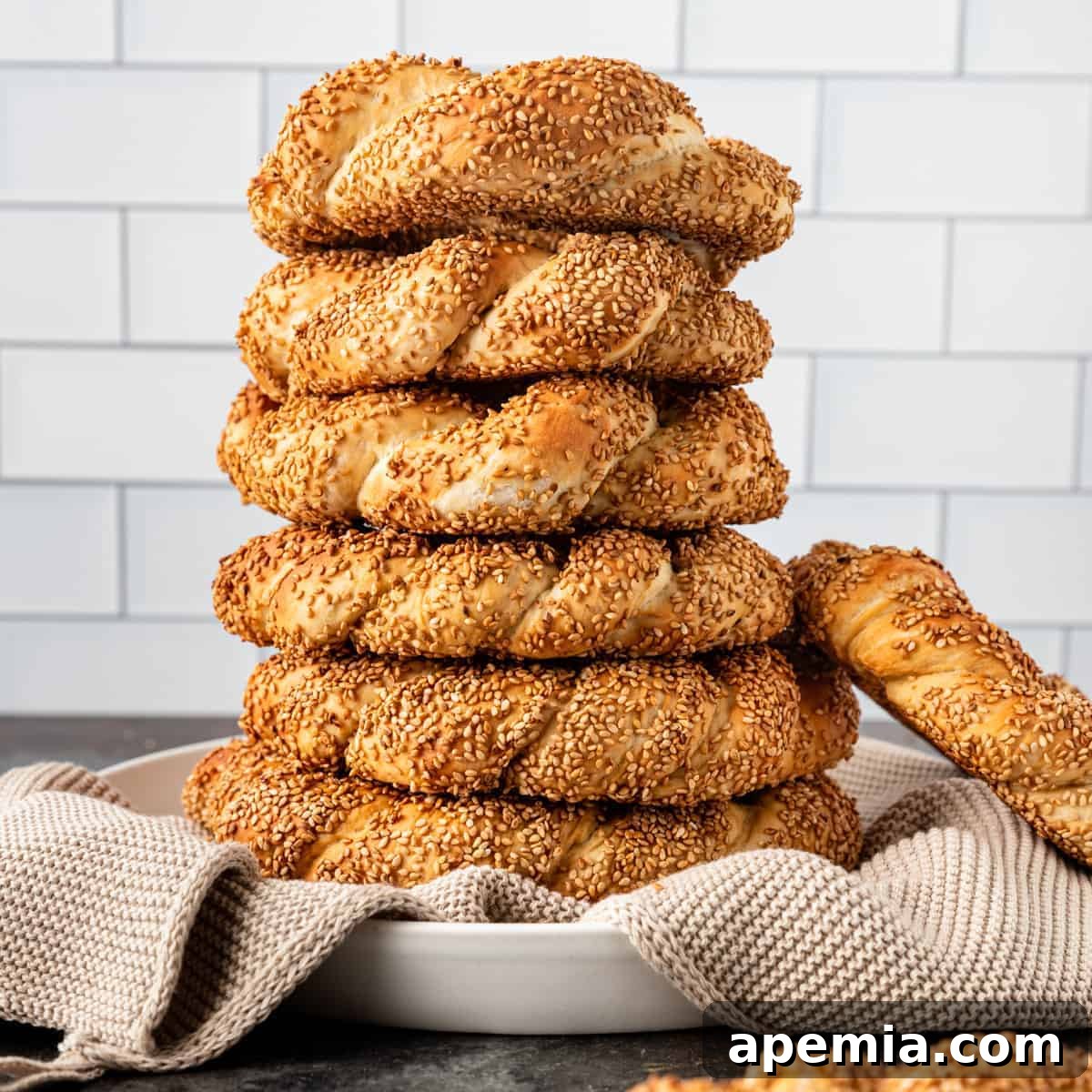 tower of simit turkish bread in a bowl