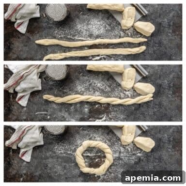 braiding bread dough and forming circles with it